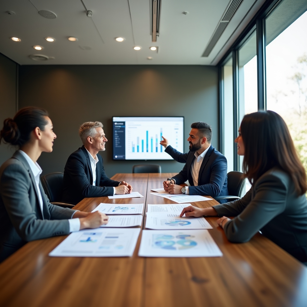 Cooperative board members reviewing management dashboard reports at meeting table