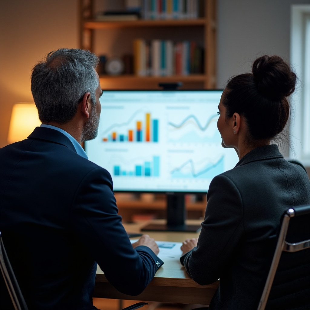 Consultant reviewing management dashboard with cooperative team