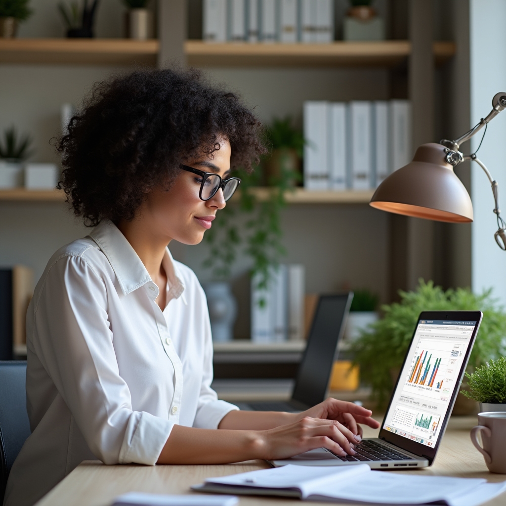 Individual professional working on data visualization at organized home office desk