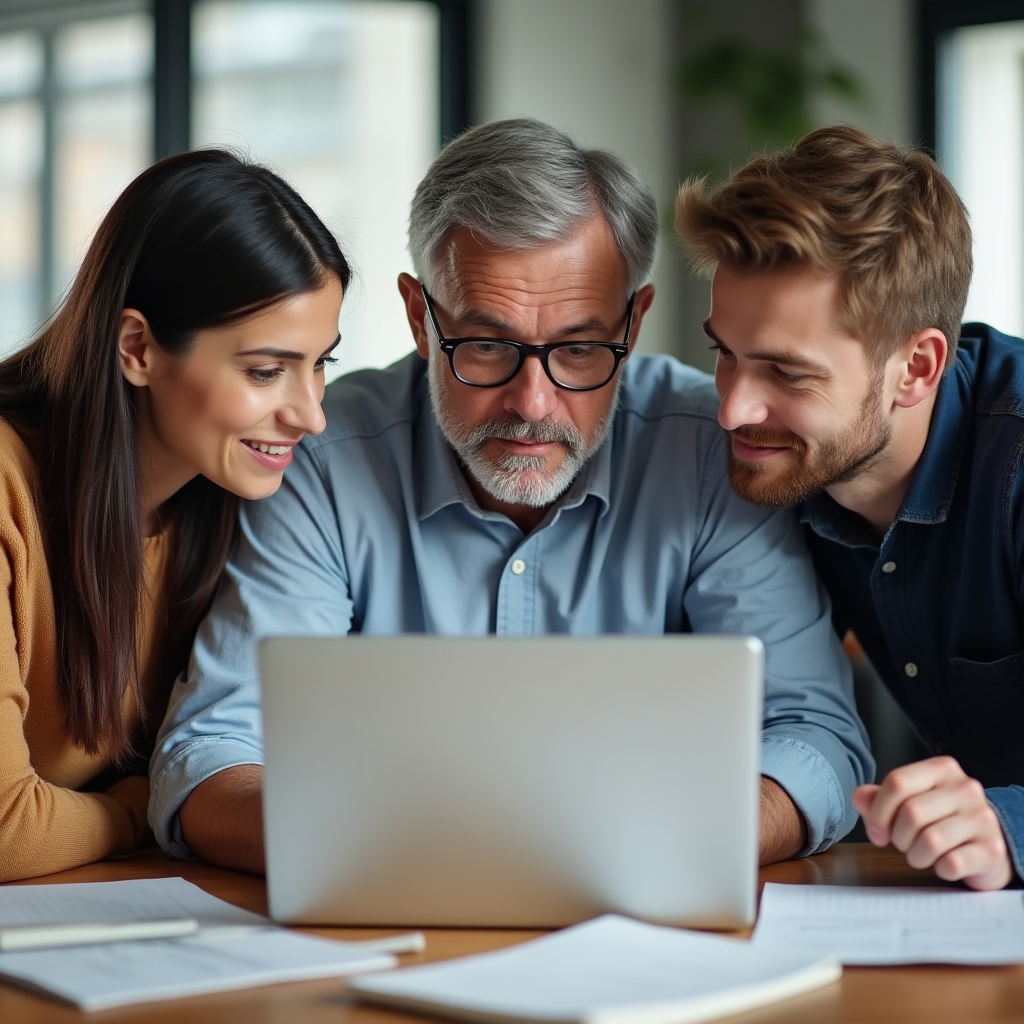 Cooperative team members in a learning session around a table reviewing dashboard materials